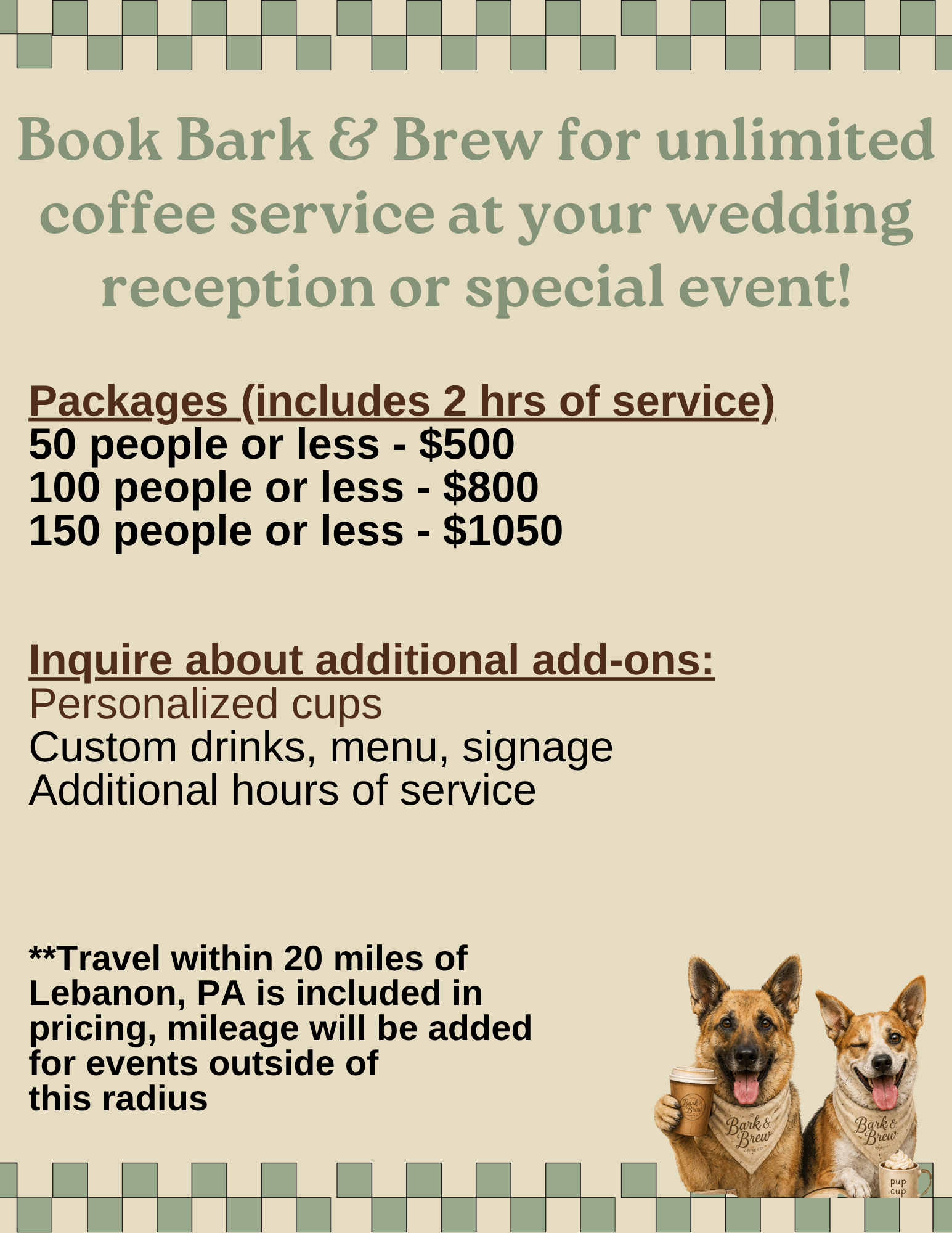 Bark & Brew event flyer: unlimited coffee service at your wedding reception or special event, packages for 50, 100 and 150 people, add-ons and travel details