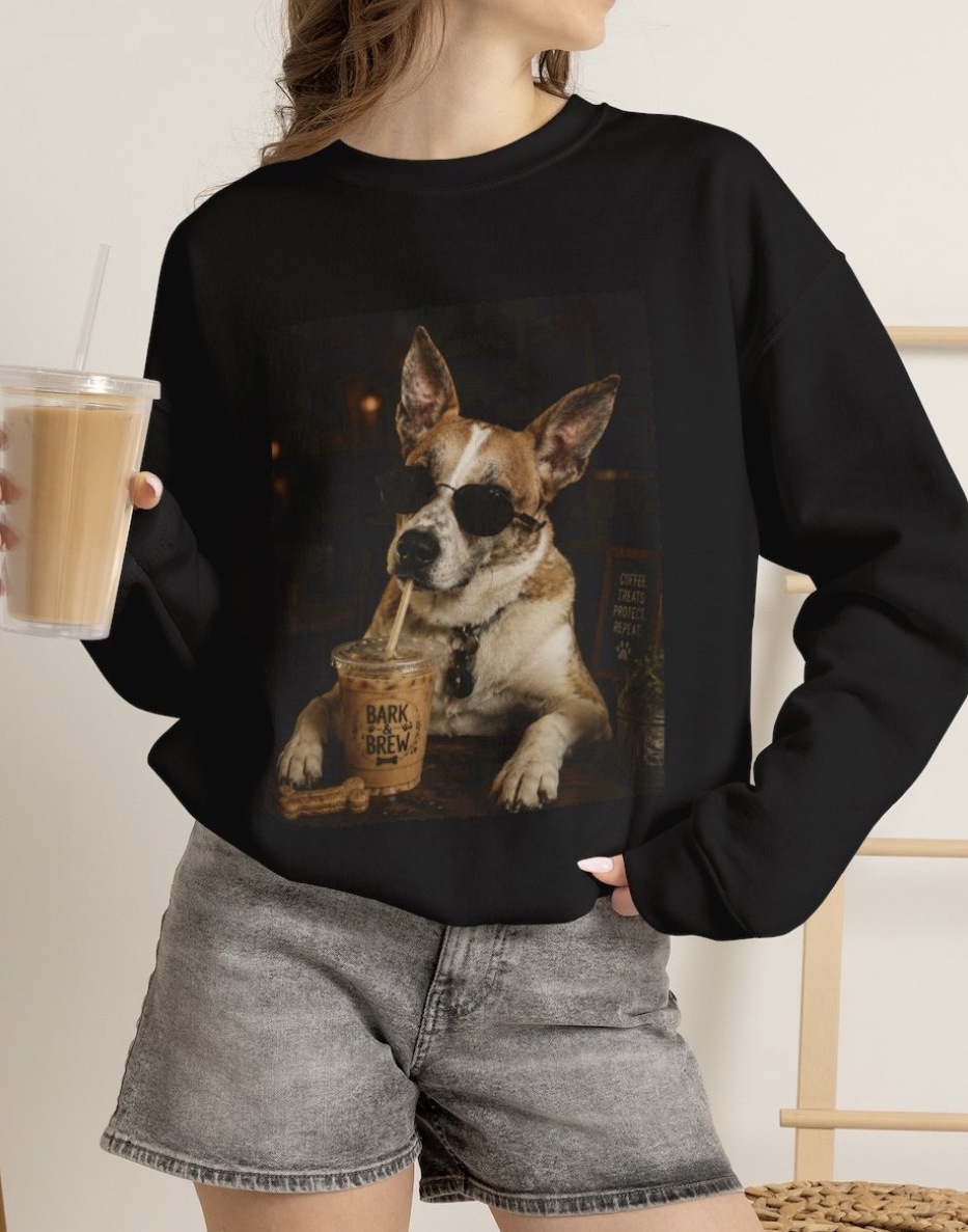 Black sweatshirt printed with a photo of a dog in sunglasses sipping an iced Bark & Brew coffee