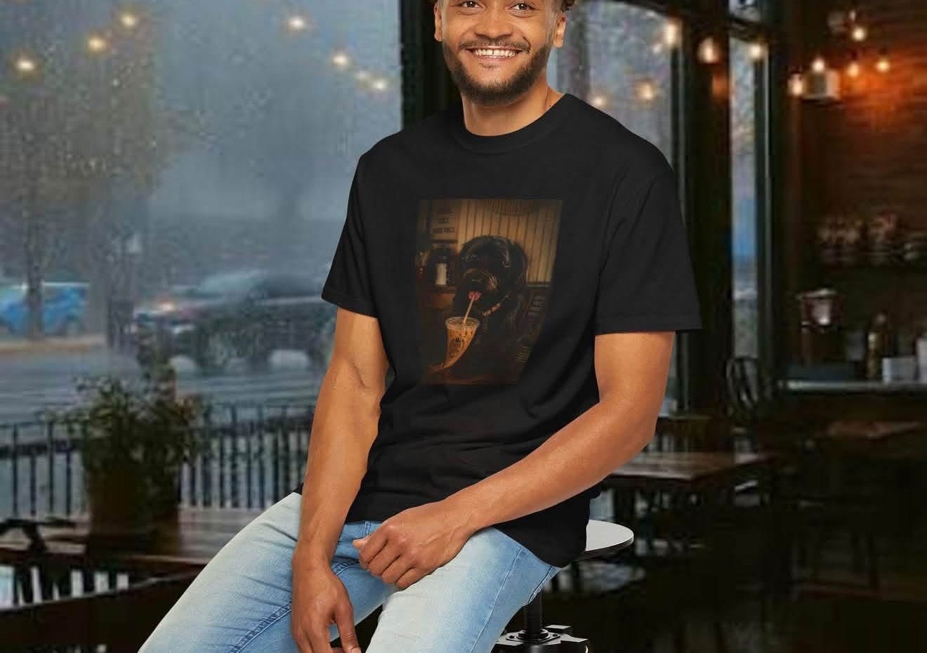 Model in a black Bark & Brew t-shirt printed with a dark dog sipping an iced coffee